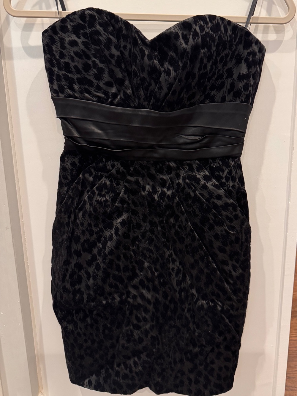 bebe Black Strapless Velvet Leopard-Print Cocktail Dress